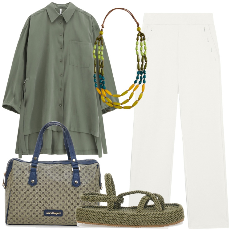 Outfit donna - Verde relax. Stile Casual per Tutti i giorni. Abbinamento con camicie, pantaloni, sandali, borse a spalla, collane.
