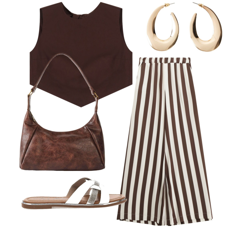 Outfit donna - Total look #2225821. Stile Minimal per Tutti i giorni. Abbinamento con orecchini, borse a mano, pantaloni, top, ciabatte.