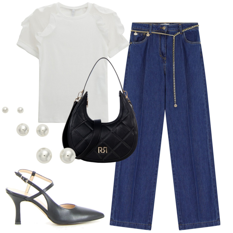 Outfit donna - Agosto. Stile Urban per Tutti i giorni. Abbinamento con borse a tracolla, jeans, t-shirt, orecchini, sandali col tacco.