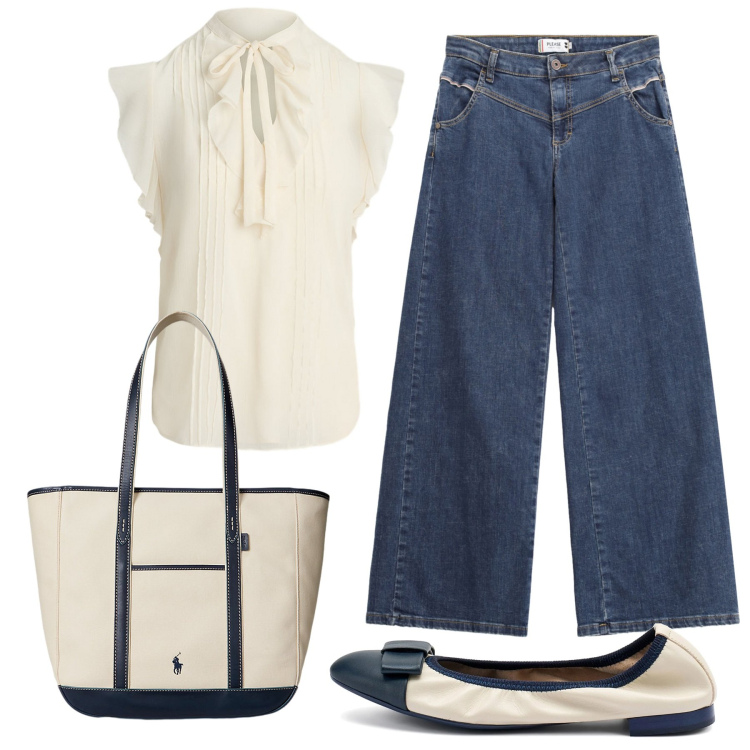 Outfit donna - Total look #2225834. Stile Glamour per Ufficio. look ideale per Tall. Abbinamento con jeans, borse tote, camicie a manica corta, ballerine.