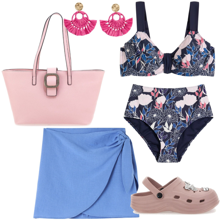Outfit donna - Al mare 13. Stile Minimal per Mare. Abbinamento con bikini, bikini, orecchini, vestiti da spiaggia, sabot, borse a spalla.