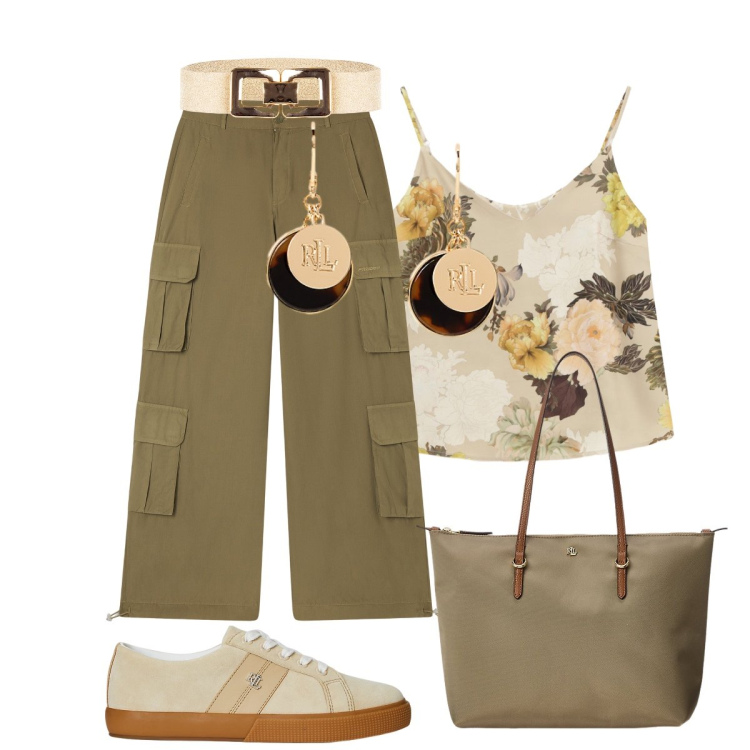 Outfit donna - Questa sera esco. Stile Casual chic per Serata fuori. Abbinamento con cinture, top, pantaloni cargo, sneakers, orecchini, borse tote.