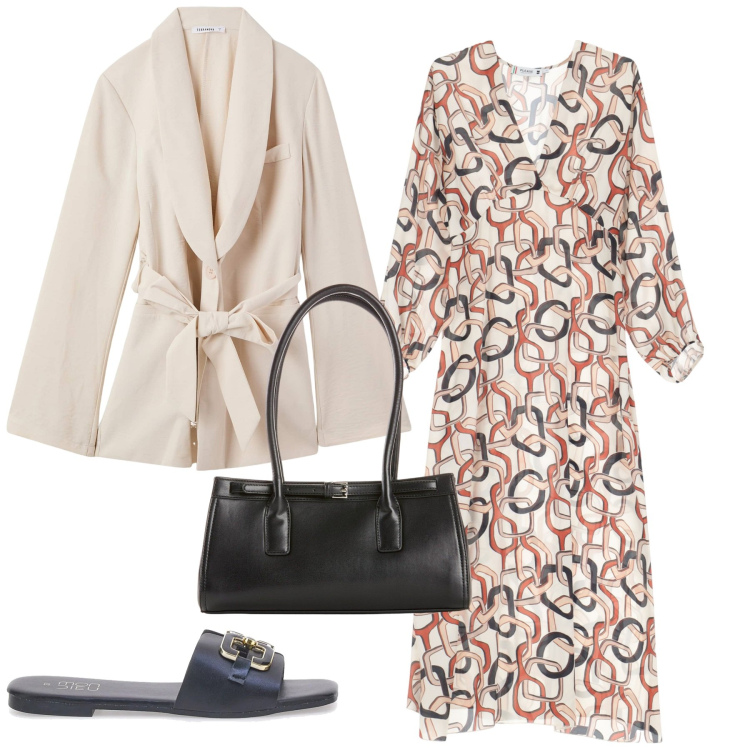 Outfit donna - Total look #2225841. Stile Bon Ton per Tutti i giorni. Abbinamento con borse a mano, blazer, vestiti midi/longuette, ciabatte.