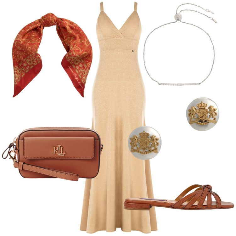 Outfit donna - Al tramonto sul mare. Stile Chic per Serata fuori. Abbinamento con vestiti lunghi, pochette, orecchini, sandali in pelle, braccialetti, foulard.