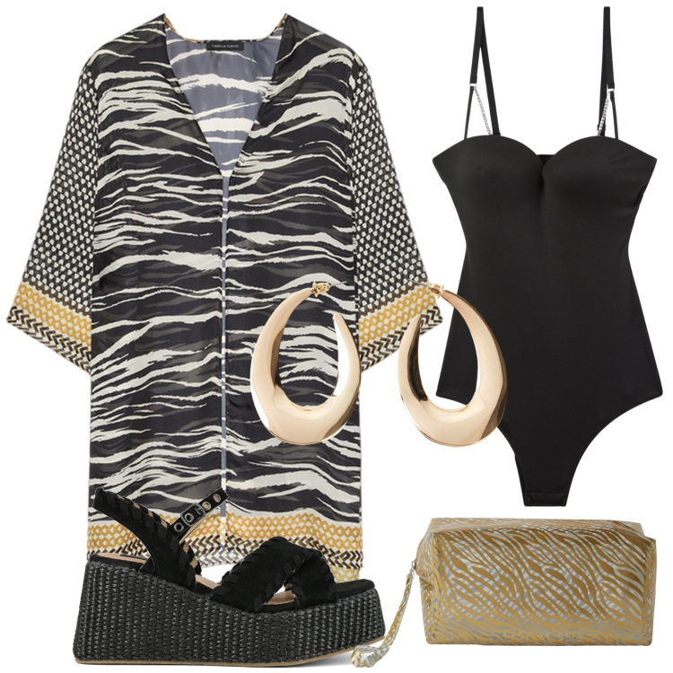 Outfit donna - Da mattina a sera. Stile Basic per Serata fuori. Abbinamento con orecchini, body, pochette, zeppe, caftani.