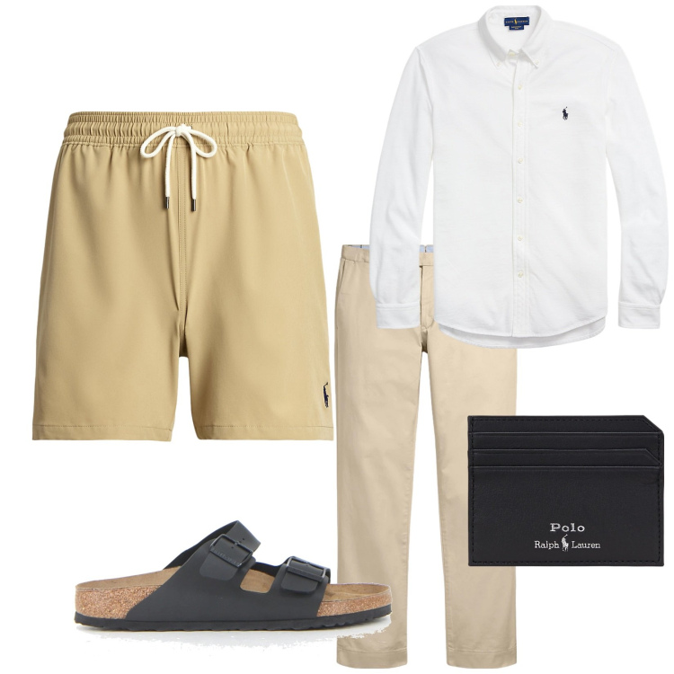 Outfit uomo - Sempre pronto a tuffarmi. Stile Casual per Mare. Abbinamento con camicie, pantaloni chino, portafogli, costumi, sandali.