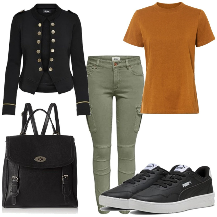Outfit femme - Casual #9073. Style Casual pour Tous les jours. Assortir avec t-shirts, blazers, pantalon cargo, sacs à dos, sneakers.