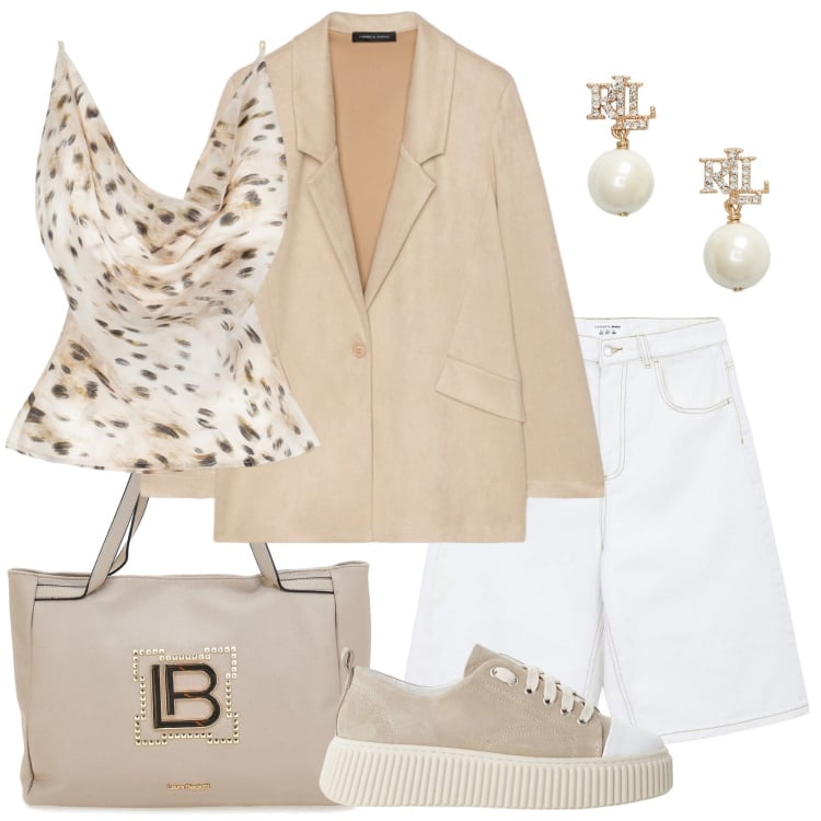 Outfit donna - In ufficio con disinvoltura. Stile Trendy per Ufficio. Abbinamento con bermuda, top, sneakers, orecchini, blazer, borse a spalla.