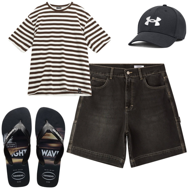 Outfit uomo - Agosto. Stile Casual per Tutti i giorni. Abbinamento con bermuda, t-shirt, cappelli, sandali.