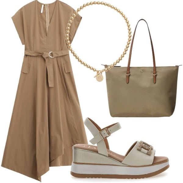 Outfit donna - Estate. Stile Casual per Tutti i giorni. Abbinamento con vestiti midi/longuette, collane, borse tote, sandali in pelle.