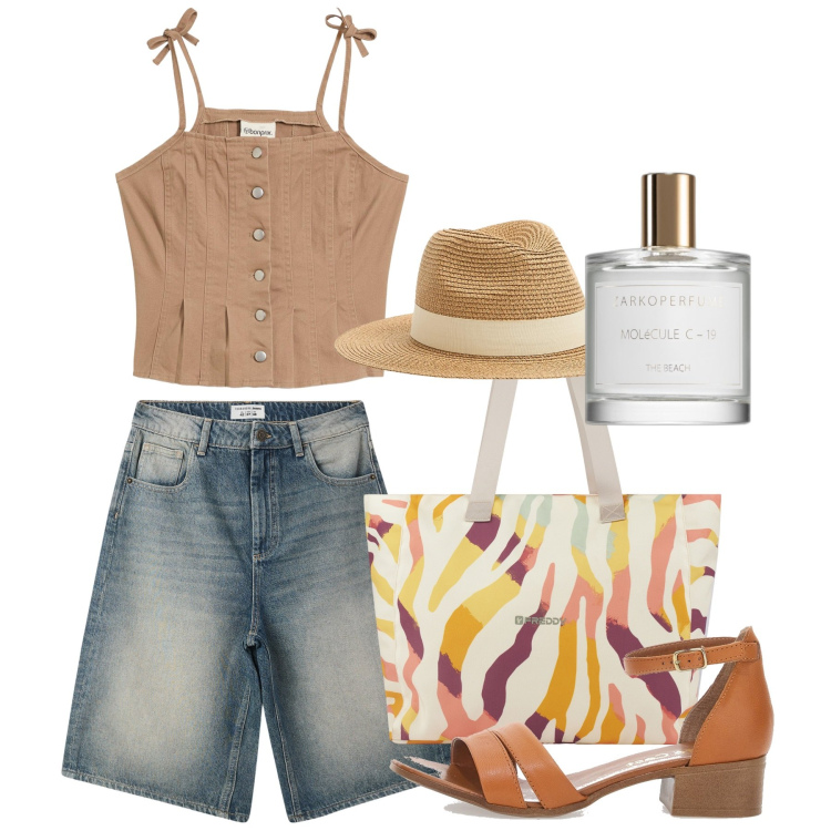 Outfit donna - Turista in città. Stile Casual per Tutti i giorni. Abbinamento con top, profumi, bermuda, cappelli, shopping bag, sandali.