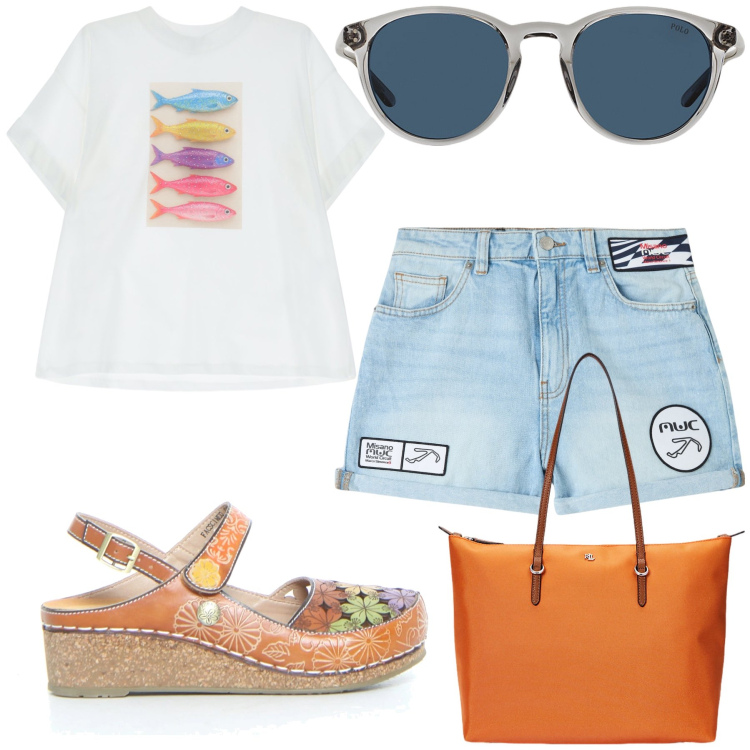Outfit donna - Fish and flower. Stile Casual chic per Tutti i giorni. Abbinamento con shorts, t-shirt, occhiali da sole, borse tote, sandali.