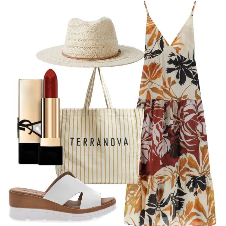 Outfit donna - Summer style. Stile Etnico per Tutti i giorni. Abbinamento con rossetti, cappelli, borse tote, vestiti lunghi, ciabatte.