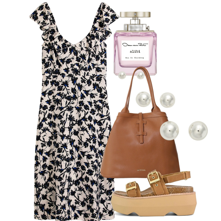 Outfit donna - Scollo rouche. Stile Bon Ton per Tutti i giorni. Abbinamento con vestiti midi/longuette, profumi, borse tote, orecchini, sandali col tacco.