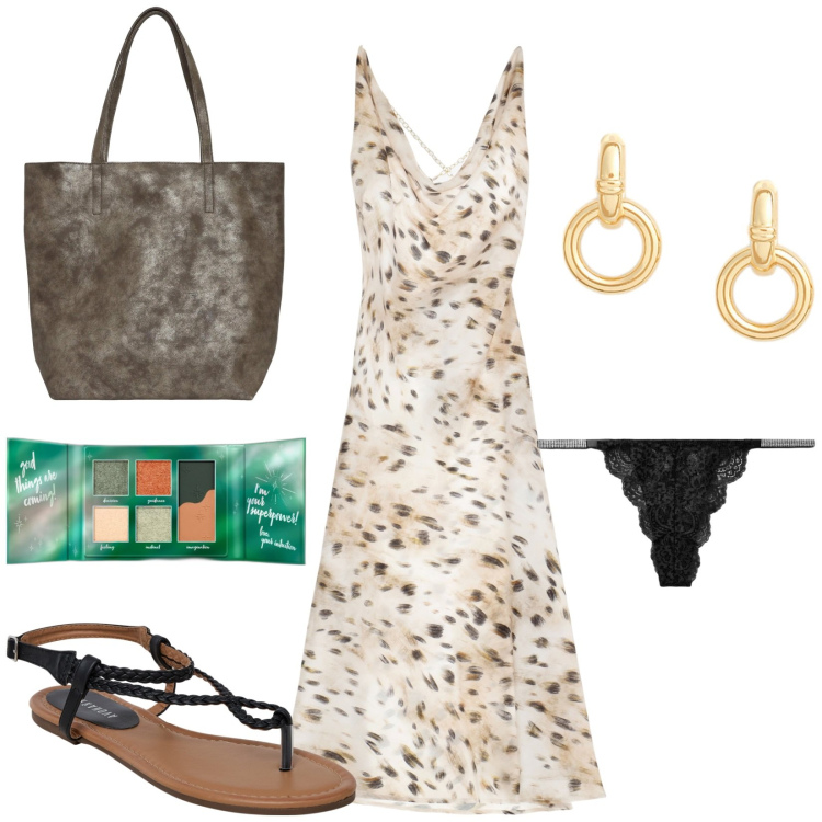 Outfit donna - Leggera ad agosto. Stile Casual per Serata fuori. Abbinamento con ombretti, ciabatte, culotte, borse tote, vestiti, orecchini.
