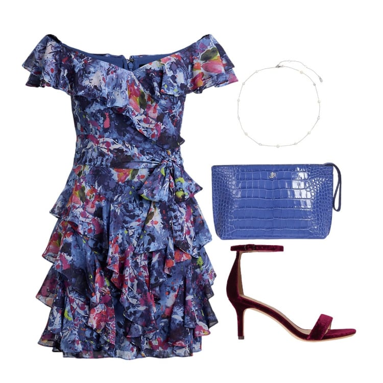 Outfit donna - Short glamour. Stile Bon Ton per Serata fuori. Abbinamento con vestiti, sandali in pelle, collane, pochette.