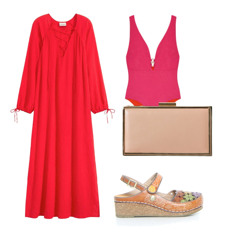 Outfit donna - Un caftano come copricostume. Stile Casual chic per Mare. Abbinamento con caftani, pochette, costumi interi, sandali.
