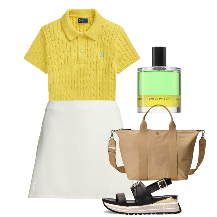 Outfit donna - Sporty. Stile Sporty chic per Tutti i giorni. Abbinamento con profumi, polo, borse tote, minigonne, sandali.