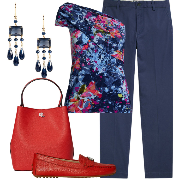 Outfit donna - Fine estate. Stile Casual chic per Tutti i giorni. Abbinamento con pantaloni chino, top, mocassini, borse a secchiello, orecchini.
