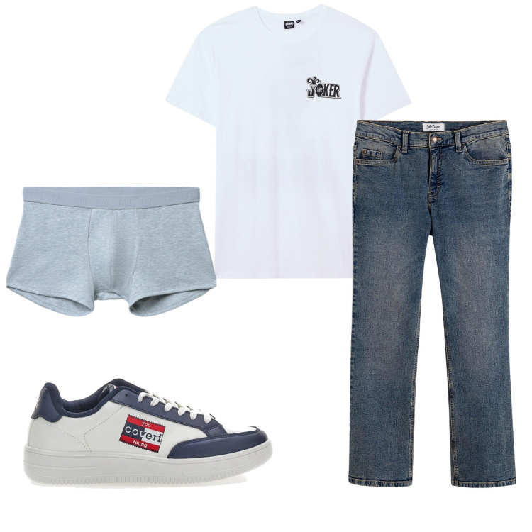 Outfit uomo - Total look #2225932. Stile Casual per Tutti i giorni. Abbinamento con jeans bootcut, t-shirt, boxer, sneakers.