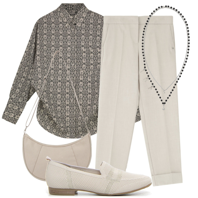 Outfit donna - L\'ufficio a settembre. Stile Urban per Ufficio. Abbinamento con pantaloni, collane, borse a spalla, mocassini, camicie.