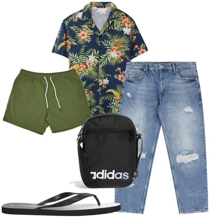 Outfit uomo - Total look #2225936. Stile Casual per Mare. Abbinamento con camicie a manica corta, sandali, jeans strappati, costumi, borse sportive.