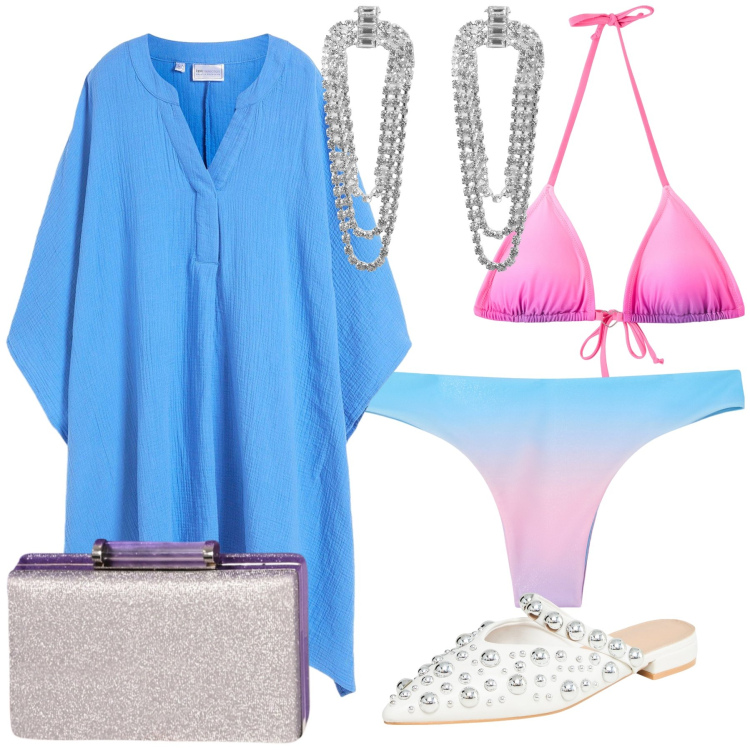 Outfit donna - Serata glam on the beach. Stile Glamour per Mare. Abbinamento con vestiti da spiaggia, ballerine, orecchini, bikini, bikini, pochette.