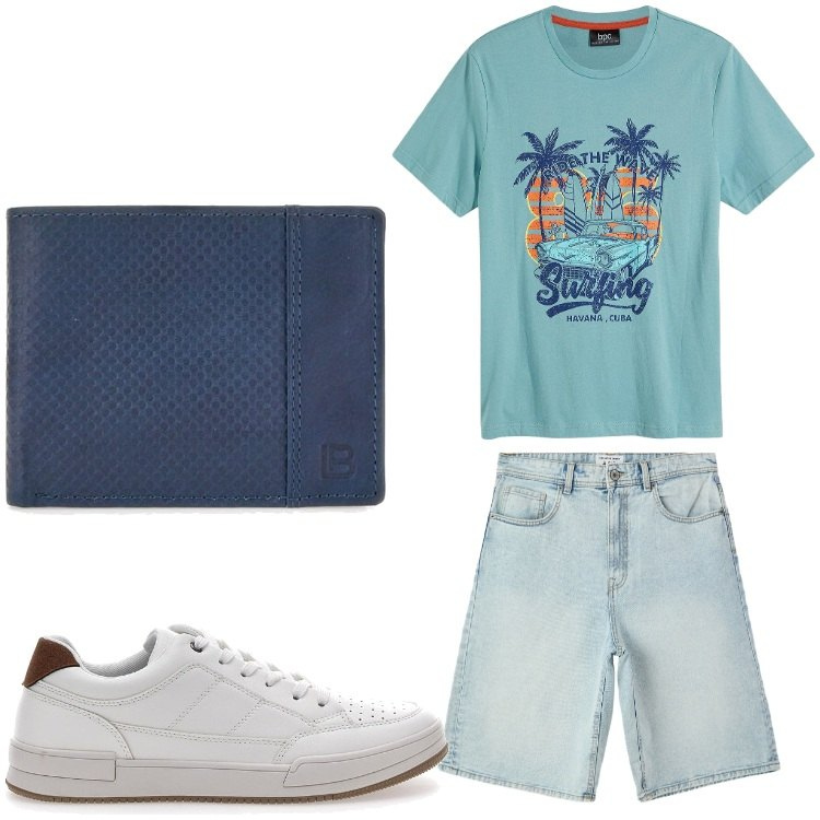 Outfit uomo - Casualmente. Stile Casual per Tutti i giorni. Abbinamento con t-shirt, bermuda, portafogli, sneakers.