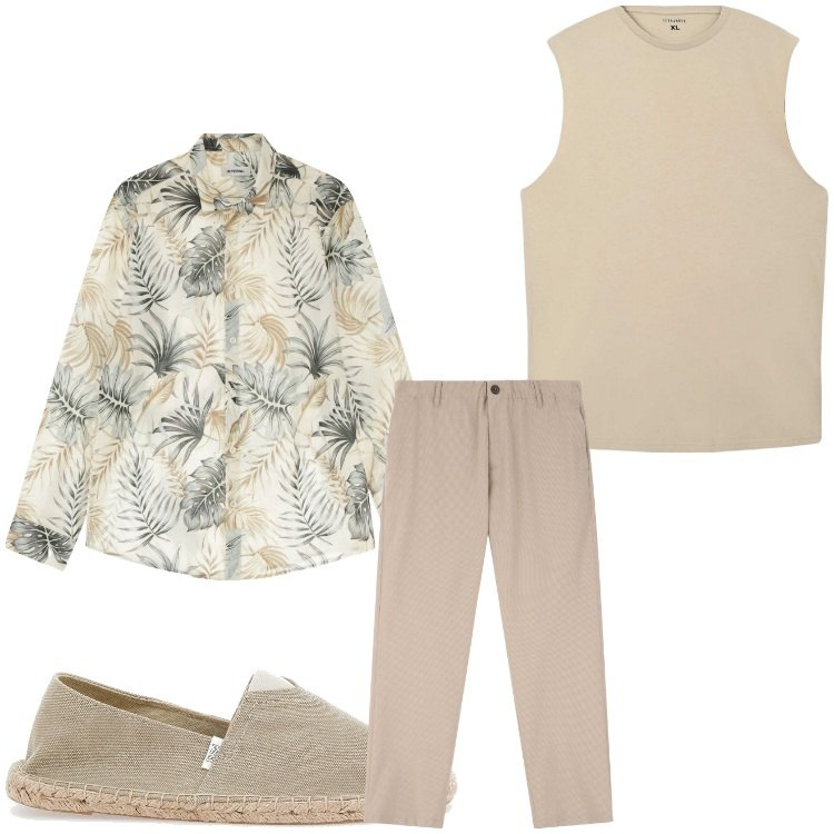 Outfit uomo - Sabbia e foglie. Stile Casual per Tutti i giorni. Abbinamento con canottiere, camicie, pantaloni, espadrillas.