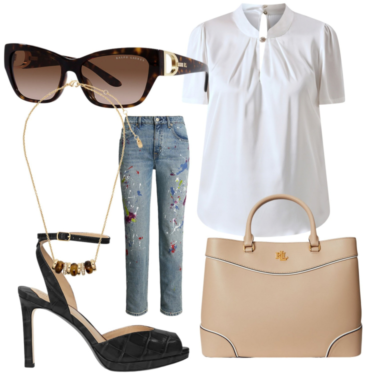 Outfit donna - Total look #2225965. Stile Chic per Tutti i giorni. Abbinamento con bluse, jeans boyfriend, collane, borse a mano, sandali in pelle, occhiali da sole.