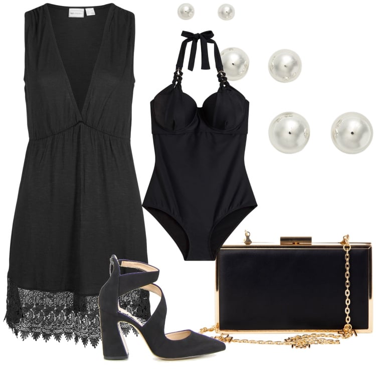 Outfit donna - Compleanno al mare. Stile Bon Ton per Mare. Abbinamento con vestiti da spiaggia, costumi interi, pochette, orecchini, sandali in pelle.
