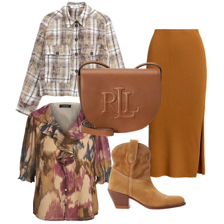 Outfit donna - A passeggio in montagna. Stile Trendy per Tutti i giorni. Abbinamento con camicie, stivaletti, borse a tracolla, gonne, bluse.