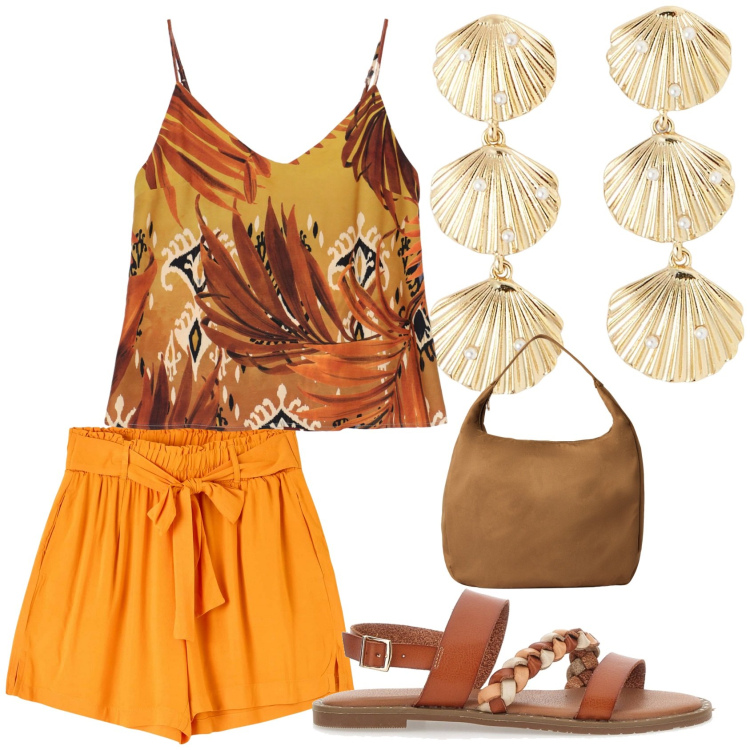 Outfit donna - Conchiglie. Stile Chic per Mare. Abbinamento con shorts, orecchini, borse a mano, canottiere, sandali.
