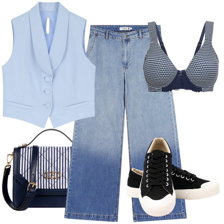 Outfit donna - Total look #2225973. Stile Glamour per Tutti i giorni. Abbinamento con reggiseni, borse a mano, jeans, gilet, sneakers.