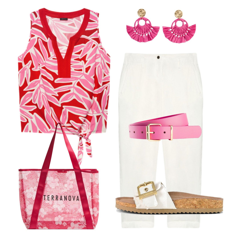 Outfit donna - Accessori colorati!. Stile Casual per Tutti i giorni. Abbinamento con cinture, orecchini, shopping bag, pantaloni, top, sandali.