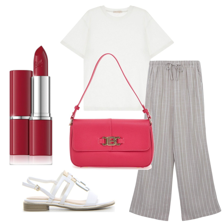 Outfit donna - City. Stile Basic per Tutti i giorni. Abbinamento con rossetti, pantaloni, t-shirt, borse a spalla, sandali.