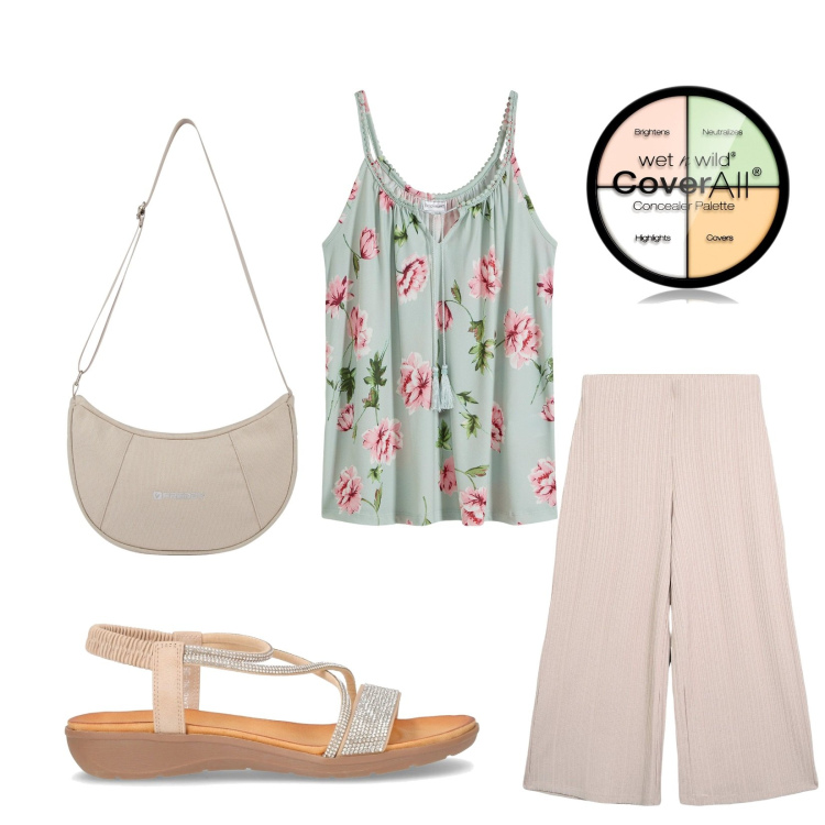 Outfit donna - Comoda e leggera. Stile Basic per Tutti i giorni. Abbinamento con top, primer, pantaloni a palazzo, borse a spalla, sandali in pelle.