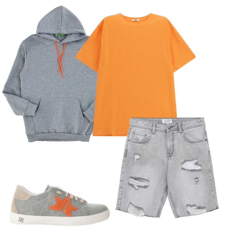 Outfit uomo - Grigio e arancione. Stile Casual per Tutti i giorni. Abbinamento con pantaloni corti, sneakers, t-shirt, felpe con cappuccio.