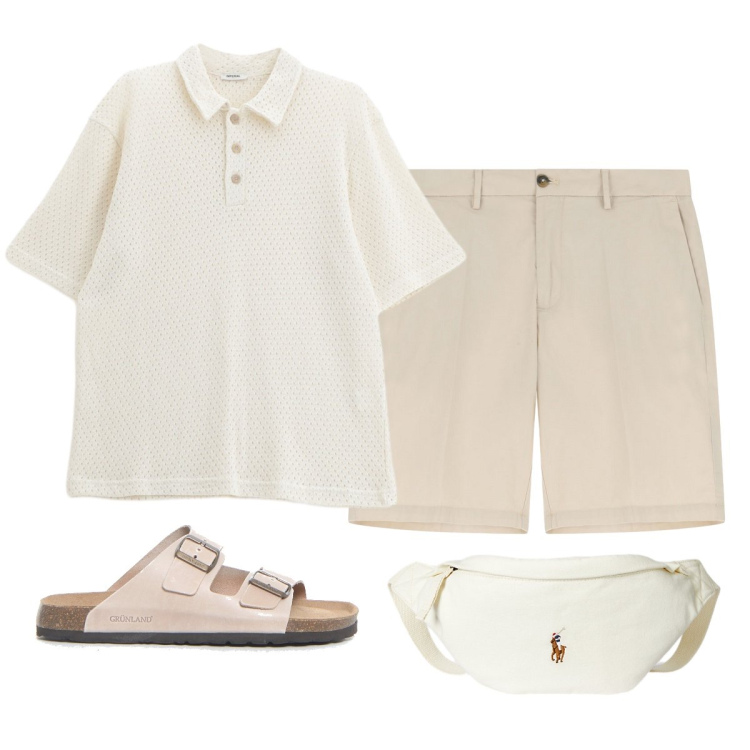 Outfit uomo - Praticita’ e raffinatezza. Stile Trendy per Tutti i giorni. Abbinamento con bermuda, polo, borse sportive, sandali.