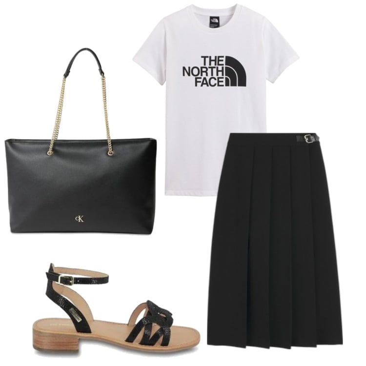 Outfit mujer - Basic look. Estilo Basic para Todos los días. Combinación con faldas largas, sandalias de piel, bolso tote, camiseta.