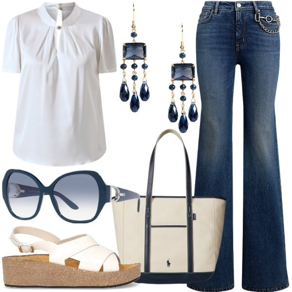Outfit donna - Denim e blusa per la città. Stile Glamour per Tutti i giorni. Abbinamento con bluse, occhiali da sole, borse tote, jeans dritti, orecchini, sandali.