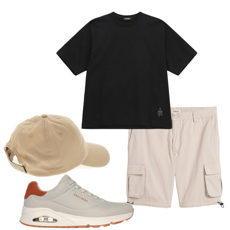 Outfit uomo - Passeggiata. Stile Casual per Tutti i giorni. Abbinamento con bermuda, t-shirt, cappelli, sneakers.