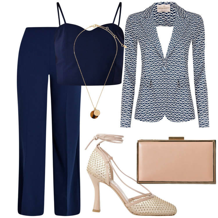 Outfit donna - Tailoring sotto il sole. Stile Bon Ton per Cerimonia. Abbinamento con pantaloni a palazzo, pochette, blazer, canottiere, décolleté, collane.