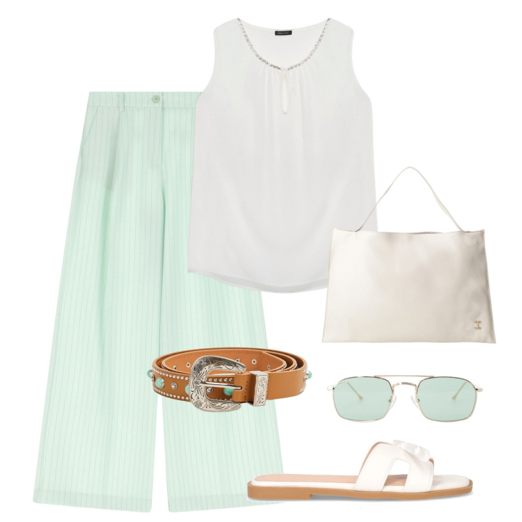 Outfit donna - Top + Pantalone. Stile Casual per Tutti i giorni. Abbinamento con cinture, pantaloni a palazzo, occhiali da sole, borse a spalla, top, ciabatte.