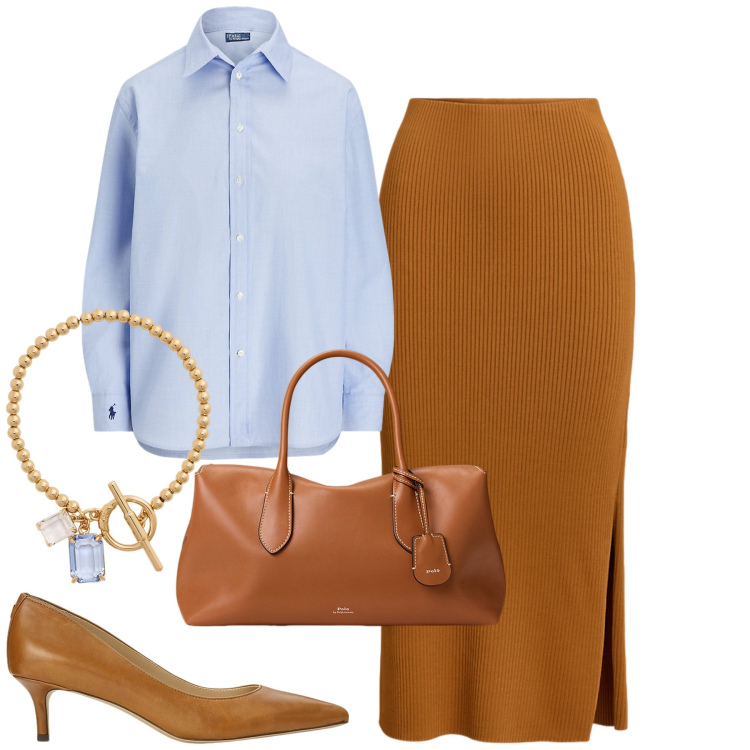 Outfit donna - Minimal a settembre. Stile Minimal per Ufficio. Abbinamento con décolleté, camicie, braccialetti, borse a mano, gonne.