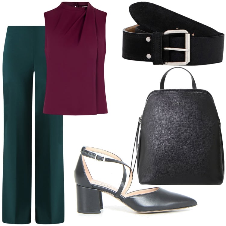 Outfit donna - Cena a Sciacca. per Serata fuori. Abbinamento con top, pantaloni a palazzo, zaini, cinture, sandali col tacco.