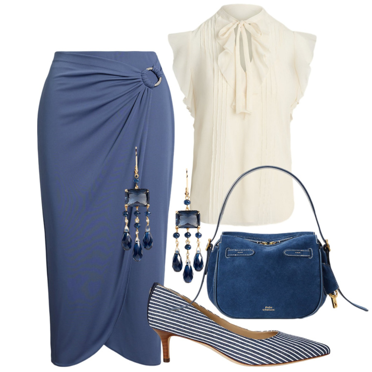 Outfit donna - Minimal a settembre. Stile Minimal per Ufficio. Abbinamento con décolleté, gonne, camicie a manica corta, borse a mano, orecchini.