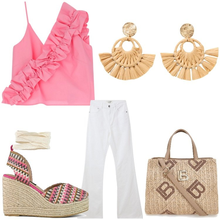 Outfit donna - Nelle mie corde. Stile 70s per Serata fuori. Abbinamento con orecchini, jeans a zampa, top, zeppe, borse a tracolla.