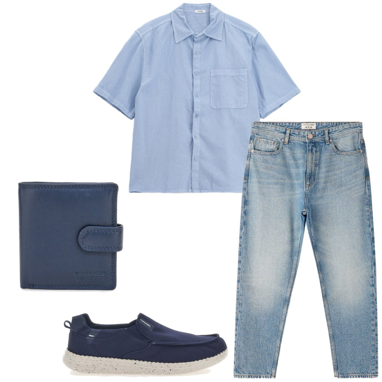Outfit uomo - Azzurro e blu. Stile Casual per Tutti i giorni. Abbinamento con jeans dritti, camicie, portafogli, scarpe stringate.