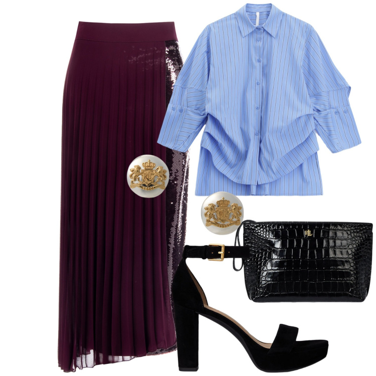 Outfit donna - Elegante per una cena. Stile Chic per Serata fuori. Abbinamento con gonne longuette, camicie, orecchini, pochette, sandali.